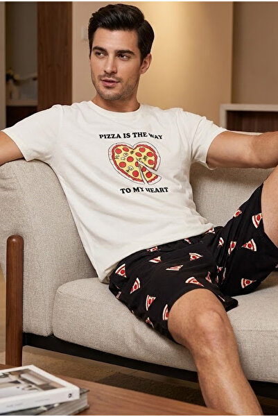 Siyah İnci εκρού μαύρο μοτίβο πίτσας με στάμπα Βαμβακερό πλεκτό σορτς-πιτζάμα...