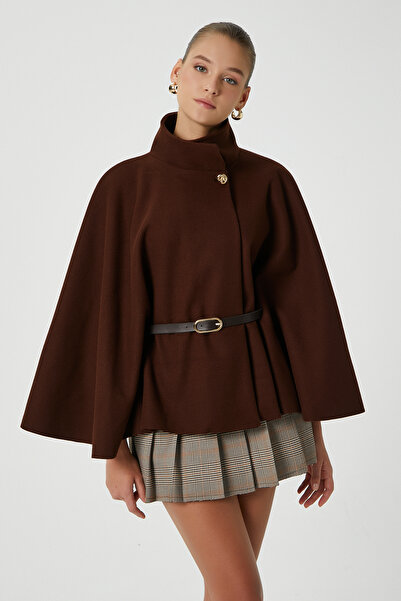 Ritnice Women's Kayla Gold Buttoned Belted Brown Cashmere Poncho
