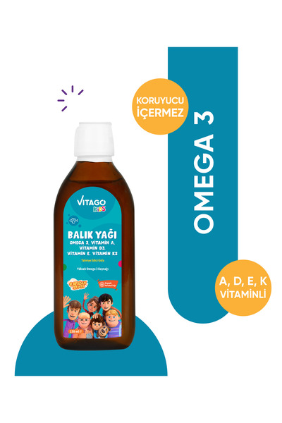 Vitago Kids Balık Yağı Omega 3, Vitamin A, D3, E, K2 Içeren Şurup