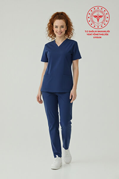 HEMİ زي الممرضات باللون الأزرق الداكن قماش قابل للتمدد مجموعة متوافقة مع وزار...