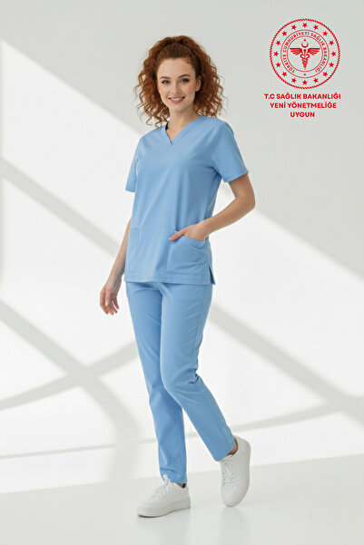 HEMİ Doktor Hekim Forması Alaskan Mavisi Scrubs Likralı Takım Sağlık Bakanlığ...
