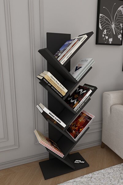 Mirobi Dria Ağaç Kitaplık Dekoratif Kitaplık Raf Düzenleyici Kitap Rafı Antrasit