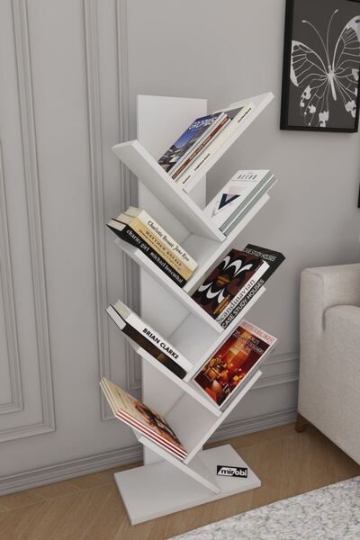 Mirobi Dria Ağaç Kitaplık Dekoratif Kitaplık Raf Düzenleyici Kitap Rafı Beyaz