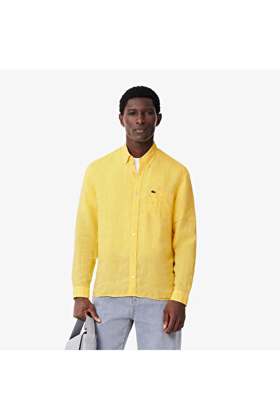 Lacoste Erkek Regular Fit Düğmeli Yaka Keten Sarı Gömlek