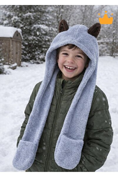 Babyhola 7-14 Yaş Kız Erkek Çocuk Kışlık Kulaklı Peluş Tek Parça Atkı Bere Ce...