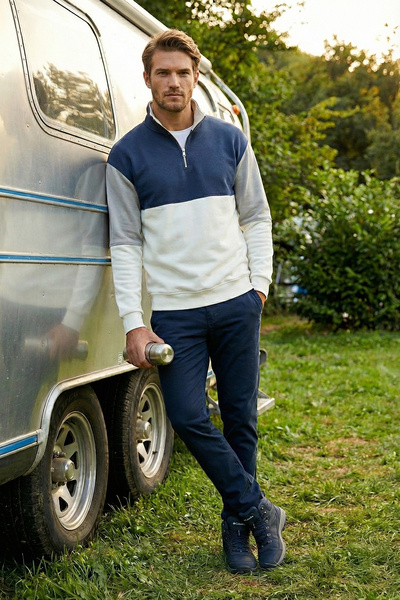 Buratti سويت شيرت رجالي ذو ياقة واقفة وسحاب نصف سحاب من Color Block Regular F...