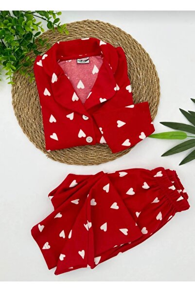 Minimoon Set de pijamale din bumbac pentru fete, cu nasturi, cu model de inimă