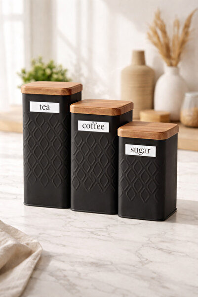 DİVAYS 3'lü Kare Siyah Çay Kahve Şeker Kavanoz Seti - Ahşap Görünümlü Kapaklı...
