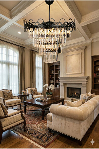 avizade Lüks Modern Kristal Taşlı Siyah Avize - 55 cm Genişlik - Özel Pütürlü...