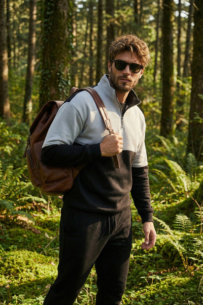 Buratti سويت شيرت رجالي ذو ياقة واقفة وسحاب نصف سحاب من Color Block Regular F...