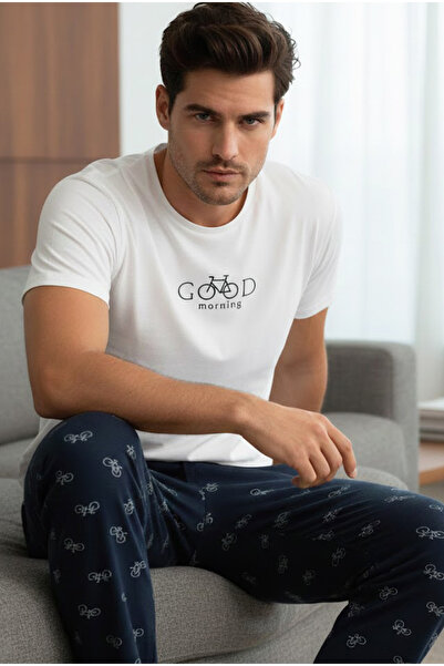 Siyah İnci ekru desenli Pamuklu Bisiklet Yaka Nakışlı Kısa Kollu Örme Pijama ...