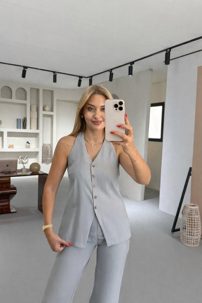 Sezgi Tekin Bone Button Back Detail Smoke Gray Vest