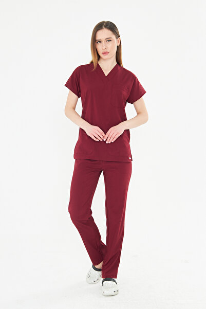 TIPMOD Unisex Yarasa Kol Likralı Bordo Doktor / Hemşire Forması