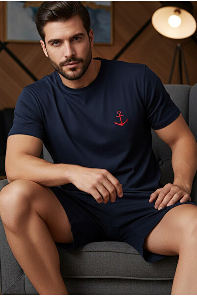 Siyah İnci Navy Blue Short-Sleeved Knitted Embroidered Men's Shorts-Pajama Su...