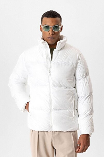 Antioch White Stand Collar Rubber Puffer Jacket