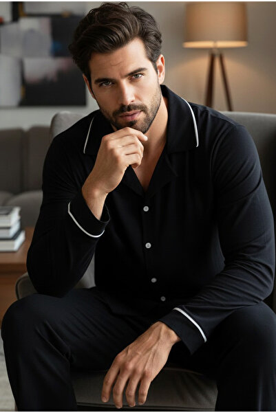 Siyah İnci طقم بيجامة رجالي أسود من القطن بياقة قميص وأزرار