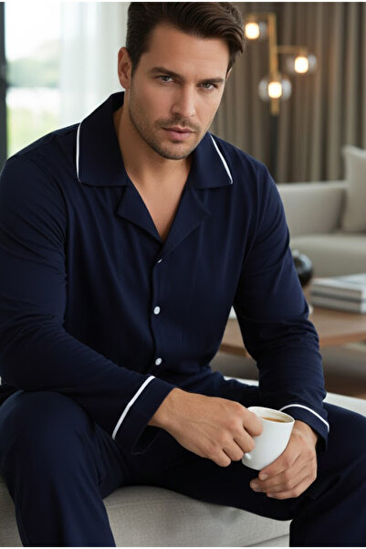 Siyah İnci طقم بيجامة رجالي من القطن باللون الأزرق الداكن