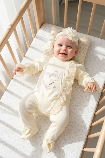 Miniday Baby Kız Bebek Mevlütlük Tulum Bandanalı Dantelli