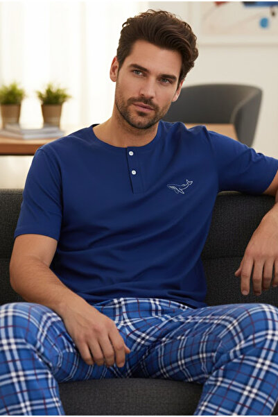 Siyah İnci Saks Blue Patterned Crew Neck Knitted Pajamas Suit 25109845
