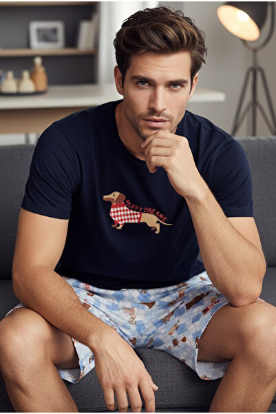 Siyah İnci Navy Blue Patterned Cotton Knitted Shorts-Pajama Set7921