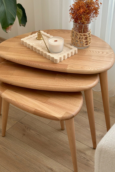 vornom Masif Gerçek Kestane Ağacı Zigon Orta Sehpa Takımı