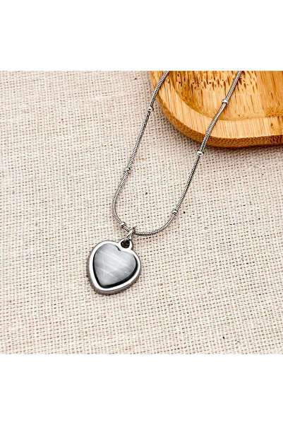 Siya Silver Non-Tarnish Steel White Pearlescent Enameled Heart Necklace