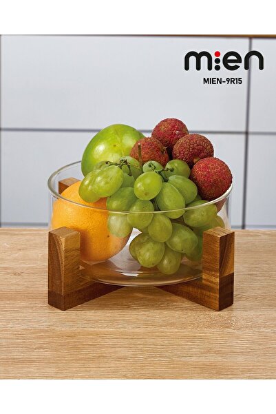 MİEN وعاء سلطة وفواكه زجاجي مع قاعدة من خشب الأكاسيا من ليني، 17 سم