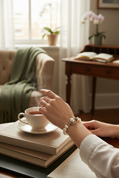 FAYRA ACCESSORIES Zirkon Taşlı Sarmal Tek Sıra İnci Bileklik