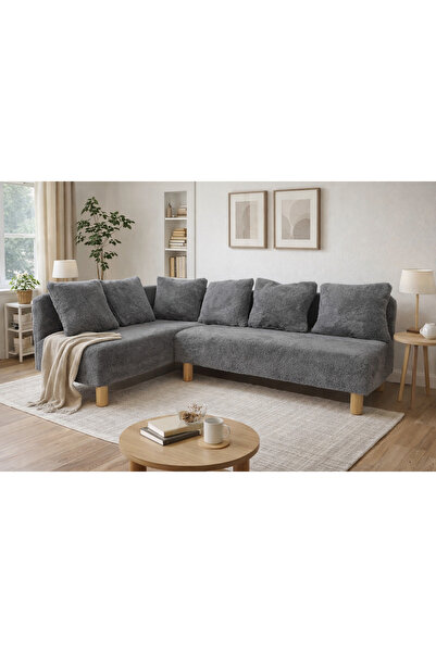 LOTUS PORT Köşe Takımı Gri Peluş Kumaş