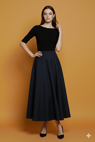 Lesa Wear Winter Patterned Puff Scuba Flared Elastic Long Skirt Black