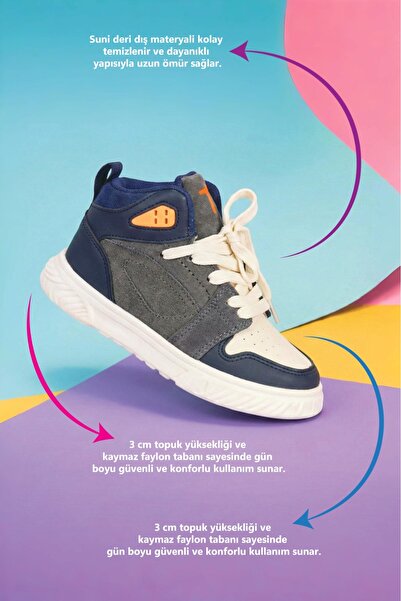 İmerShoes Unisex Çocuk Spor Ayakkabı Ortopedik Bağcıklı Cırtlı Desenli Kaymaz Taban Yürüyüş Sneaker 537