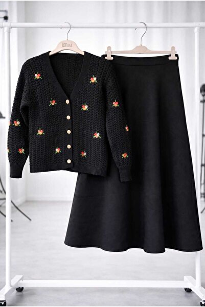 MODA VEDAT Women's Floral Embroidered Knitwear Cardigan and Skirt Set -440