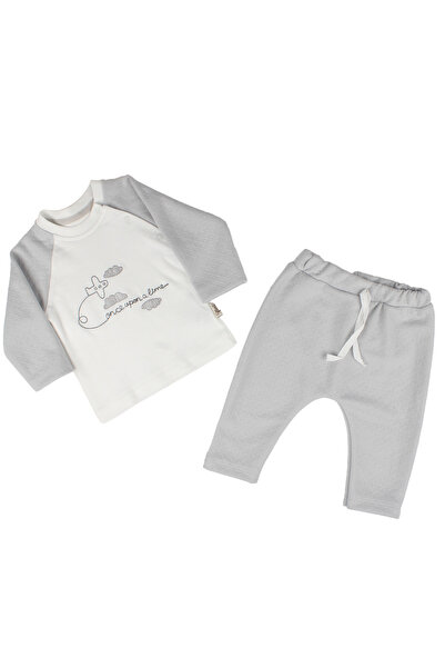bebegen Erkek Bebek Gri Beyaz Uçak Desenli 2'li Takım