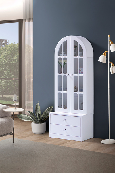 benim odam Diva Yay Kavisli Vitrin Büfe Dolabı Camlı Salon Vitrini Raflı Bomb...