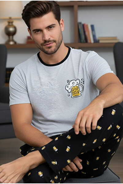 Siyah İnci طقم بيجامة محبوكة من القطن بطبعة رمادية وأكمام قصيرة ورقبة دائرية