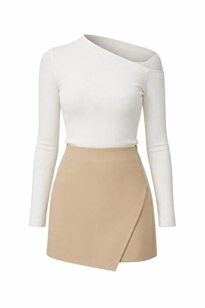 Eight Fashion Women's Beige Stretch Fabric High Waist Asymmetrical Mini Short...