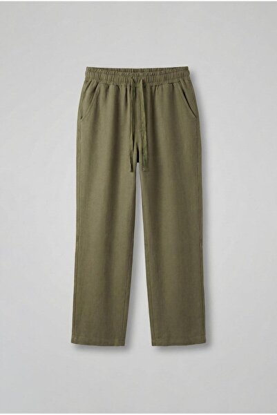 ablukaonline Ανδρικό λινό φαρδύ παντελόνι χακί πράσινο