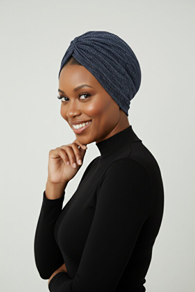 fidan bone غطاء رأس جاهز مزدوج الجوانب منقوش باللون الأزرق الداكن منسدل مناسب...