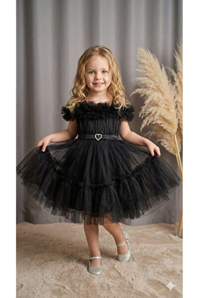ay yılmaz Çocuk Abiye Elbise Ekstra Tül Detaylı Beli Lastikli Düğün Nişan SİYAH
