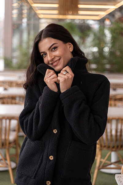 homytextiles سترة نسائية من شيربا فائقة النعومة بياقة قميص وأزرار