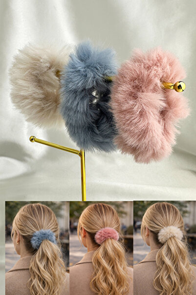 Modex Triple Plush Furry Rubber Hair Clip (Pink, Blue, White)