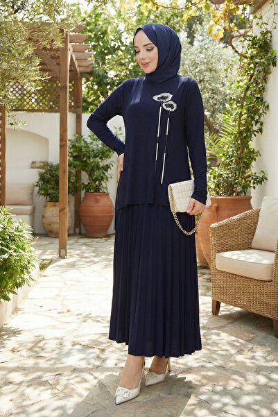 modamira Kadın Sandy Lacivert Taş Ve Aplike Detaylı İkili Tesettür Piliseli E...