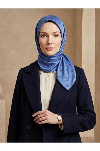 Silk Home Kadın İndigo Mavi Monogram Desen Twill İpek Eşarp 11392-33