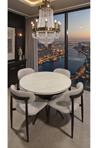 fursimo ARBA Serisi Yuvarlak MDF Yemek Masası Takımı – 4 Sandalyeli | Beyaz T...