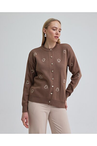 Tubik Women's Button Closure Heart Embroidery Detailed Knitwear Cardigan