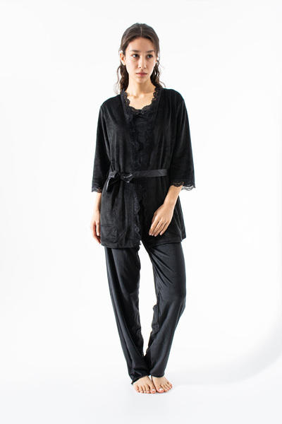 Ecrou Set de pijama din 3 piese pentru femei, negru, din catifea moale, cu br...