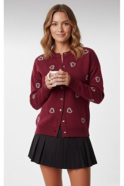 Tubik Women's Button Closure Heart Embroidery Detailed Knitwear Cardigan