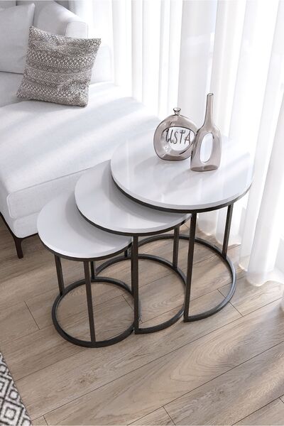 usta mekan 3'lü Siyah Ayak Beyaz Tabla Zigon Servis Salon Sehpa