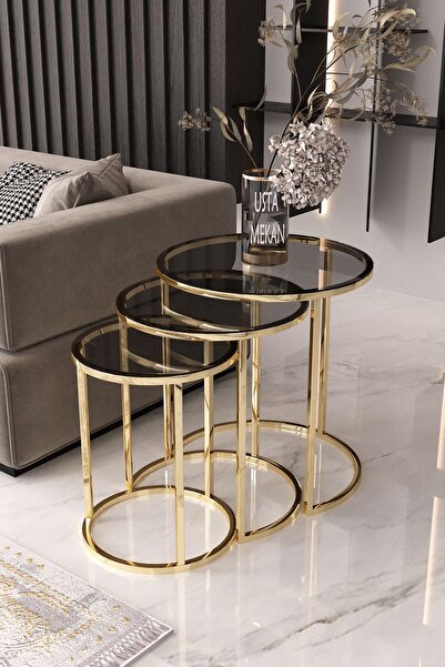 usta mekan Usta Gold Metal Füme Cam 3 lü Zigon Sehpa