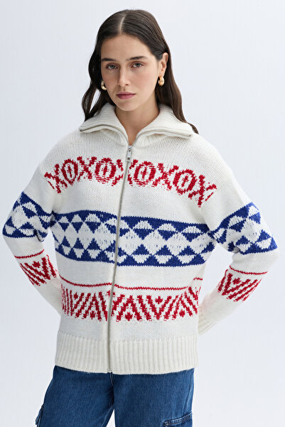 Mudo Jacquard Stand-Up Collar Zip-Up Cardigan